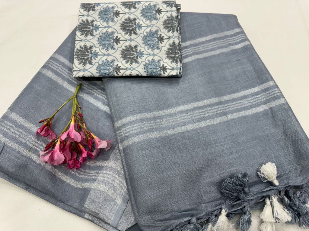 Roman silver color plain linen saree with printed cotton blouse