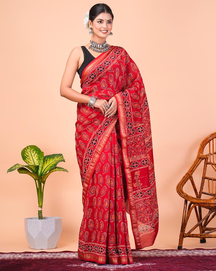 Alizarin red party wear printed maheshwari silk saree