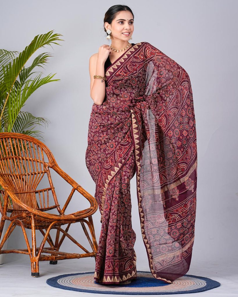 Claret printed party wear maheshwari silk saree