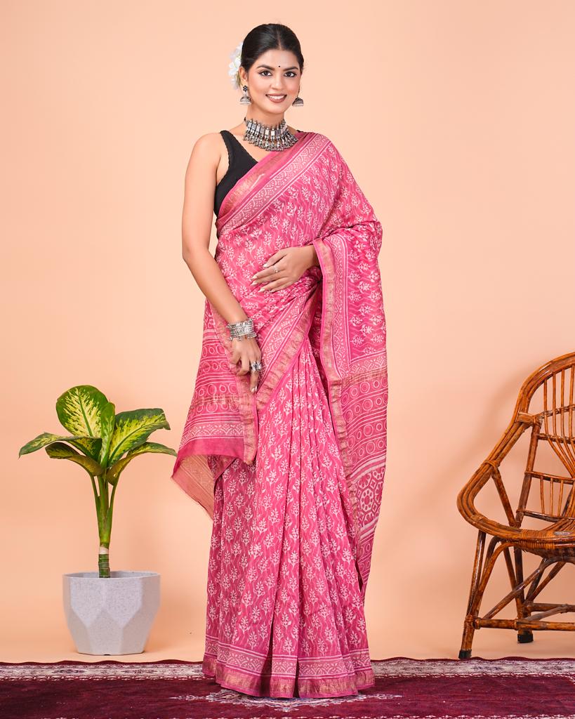 Party wear Brink pink maheshwari silk saree