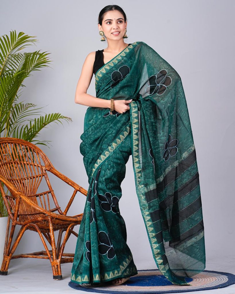 Party wear Dark green maheshwari silk saree