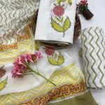 Antique bronze and white cotton block print dress material online with cotton dupatta