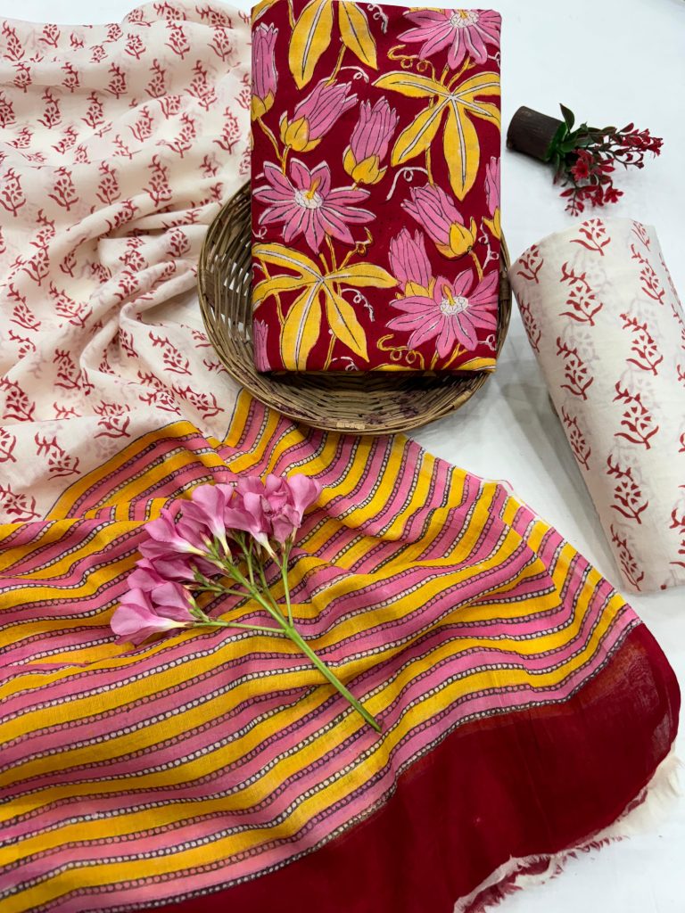 Burgundy floral hand block printed suits with cotton dupatta