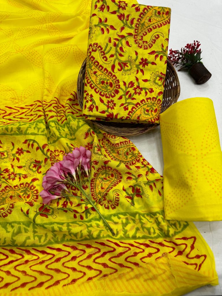 Canary yellow jaipur block print salwar suits with cotton dupatta