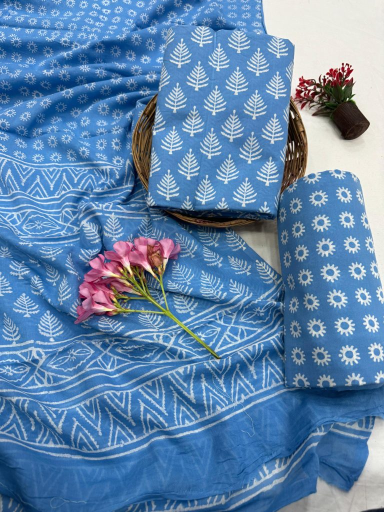 Picton blue block print salwar suit with cotton dupatta