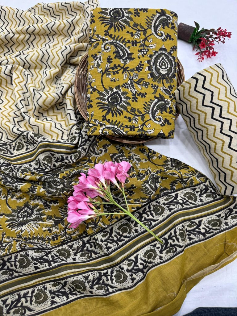 Satin sheen gold bagru block print suits wholesale with cotton dupatta