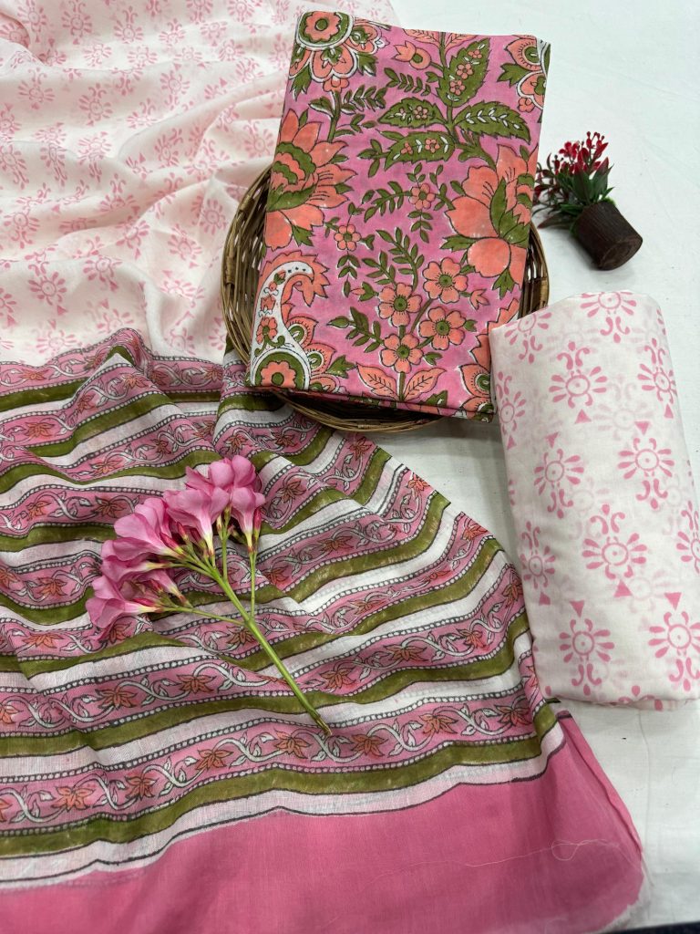 Light Thulian pink cotton hand block print salwar kameez with cotton dupatta
