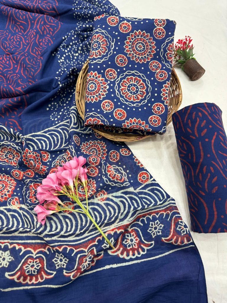 Persian blue block print cotton salwar kameez with cotton dupatta