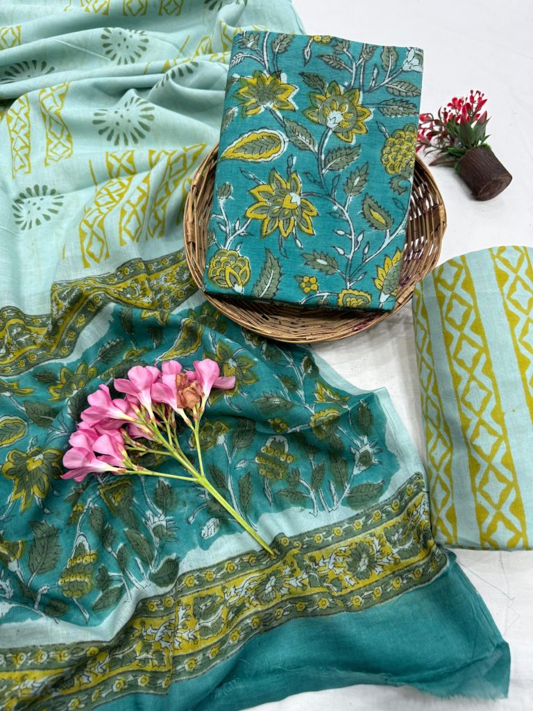 Persian green block print salwar suits online with cotton dupatta