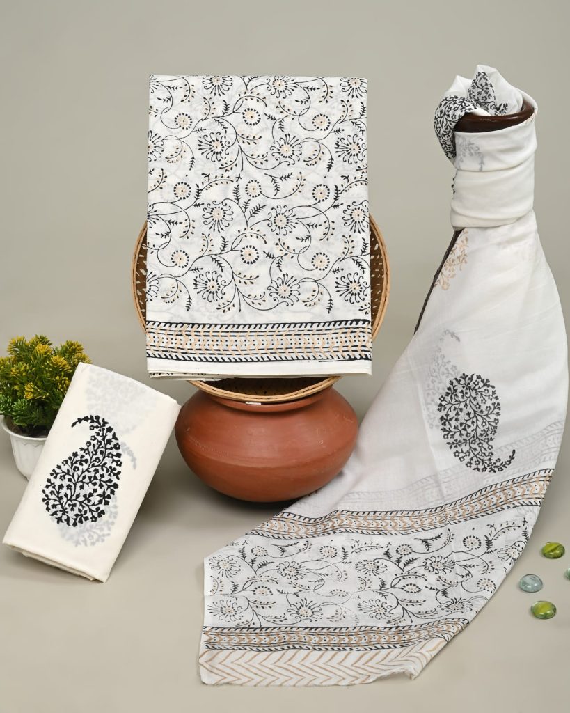White cotton latest block print salwar kameez with cotton dupatta