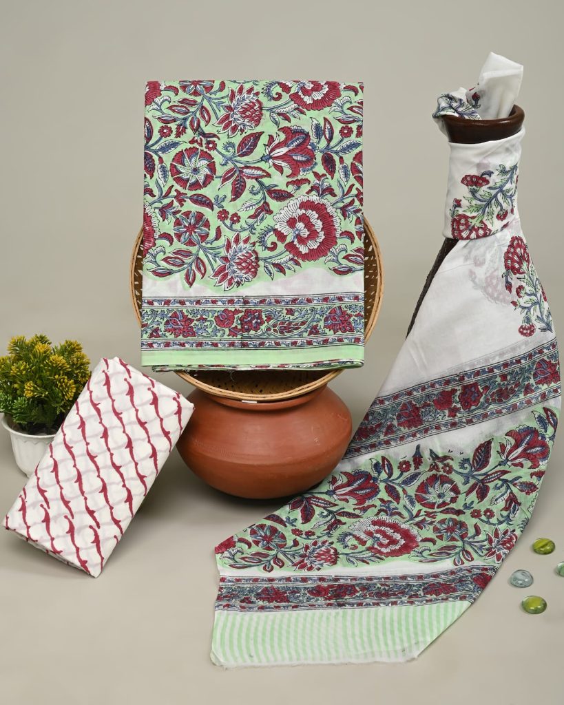Celadon cotton printed salwar kameez designs with cotton dupatta