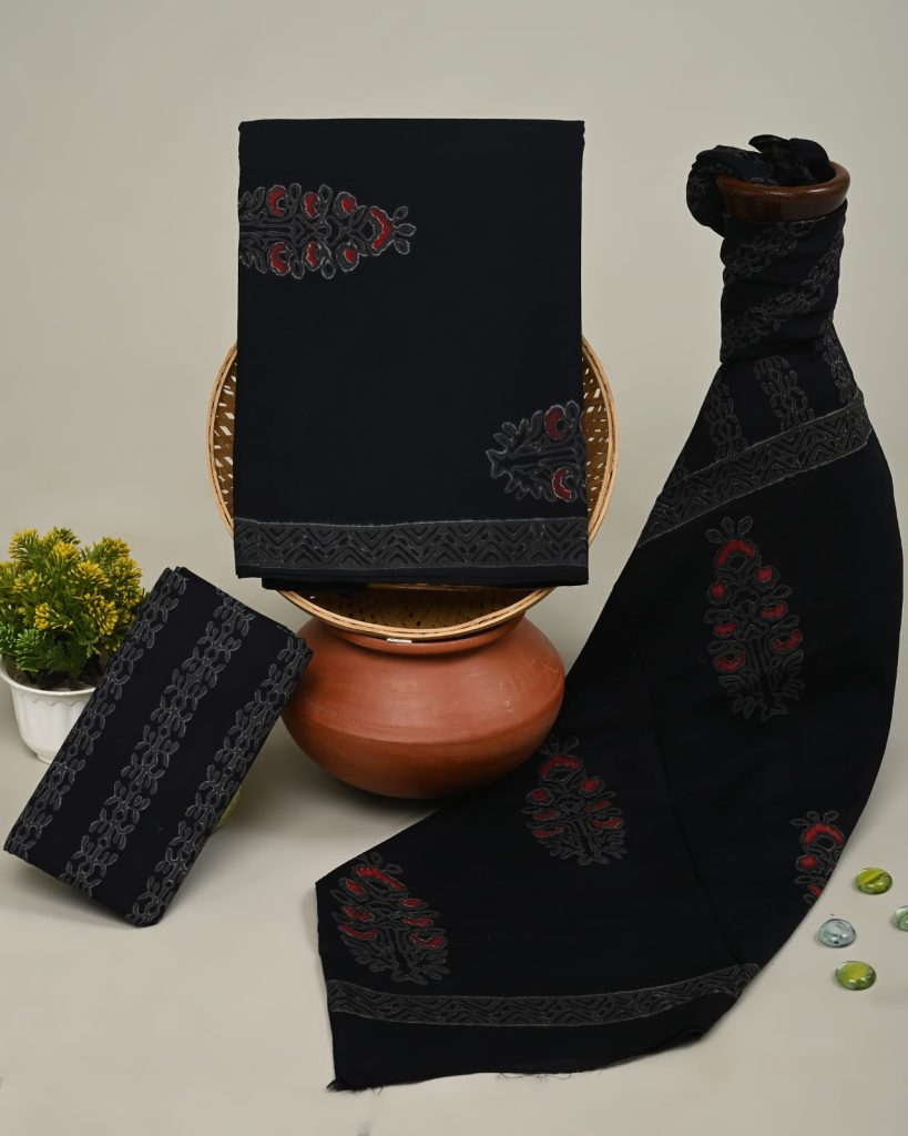 Black unstitched salwar kameez material online with cotton dupatta