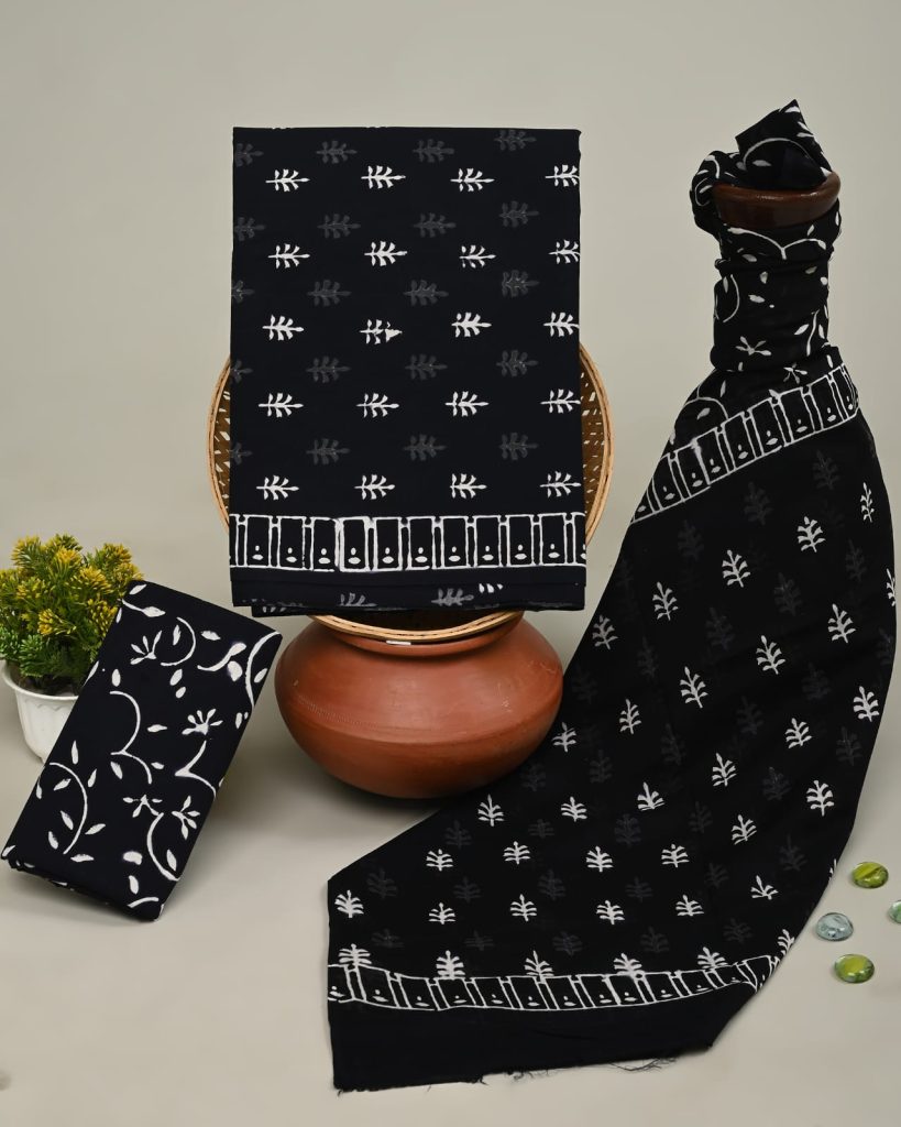 Black unstitched salwar suits online with cotton dupatta