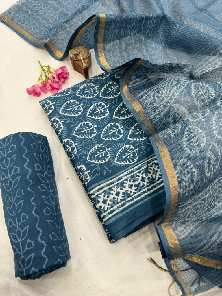 Cool Blue Floral Hand Block Print Cotton Suit with Sheer Kota Doria Dupatta