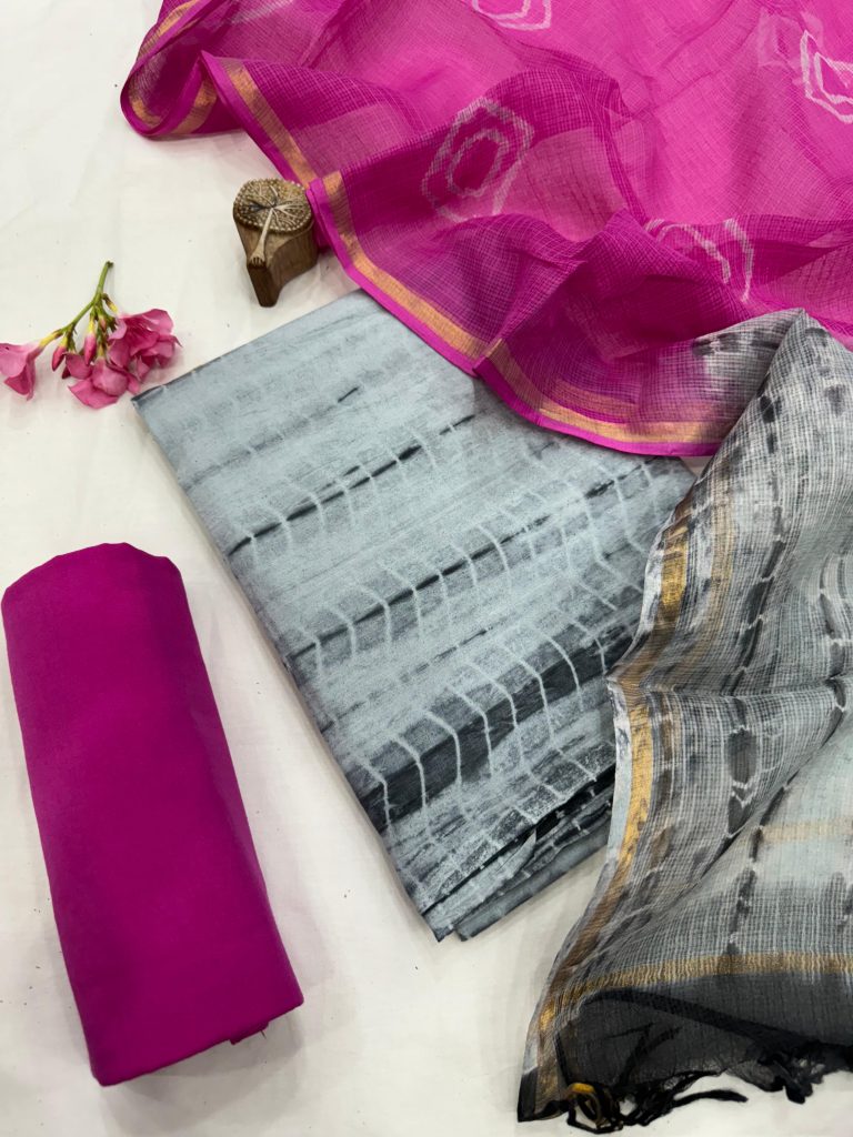 Elegant Magenta Shibori Hand Printed Cotton Dress Material with Sheer Kota Doria Dupatta