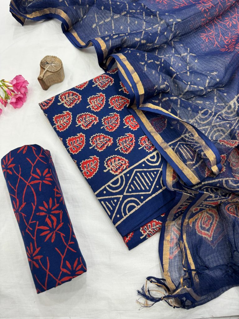 Regal Royal Blue Handcrafted Cotton Dress Material with Kota Doria Dupatta