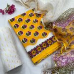 Summer Glow Yellow and Purple Cotton Dress Material with Kota Doria Dupatta