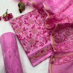 Summer Pink Floral Printed Cotton Ensemble with Light Kota Doria Dupatta