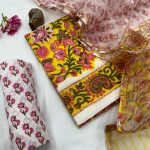 Sunny Yellow Floral Block Print Cotton Dress Material with Kota Doria Dupatta