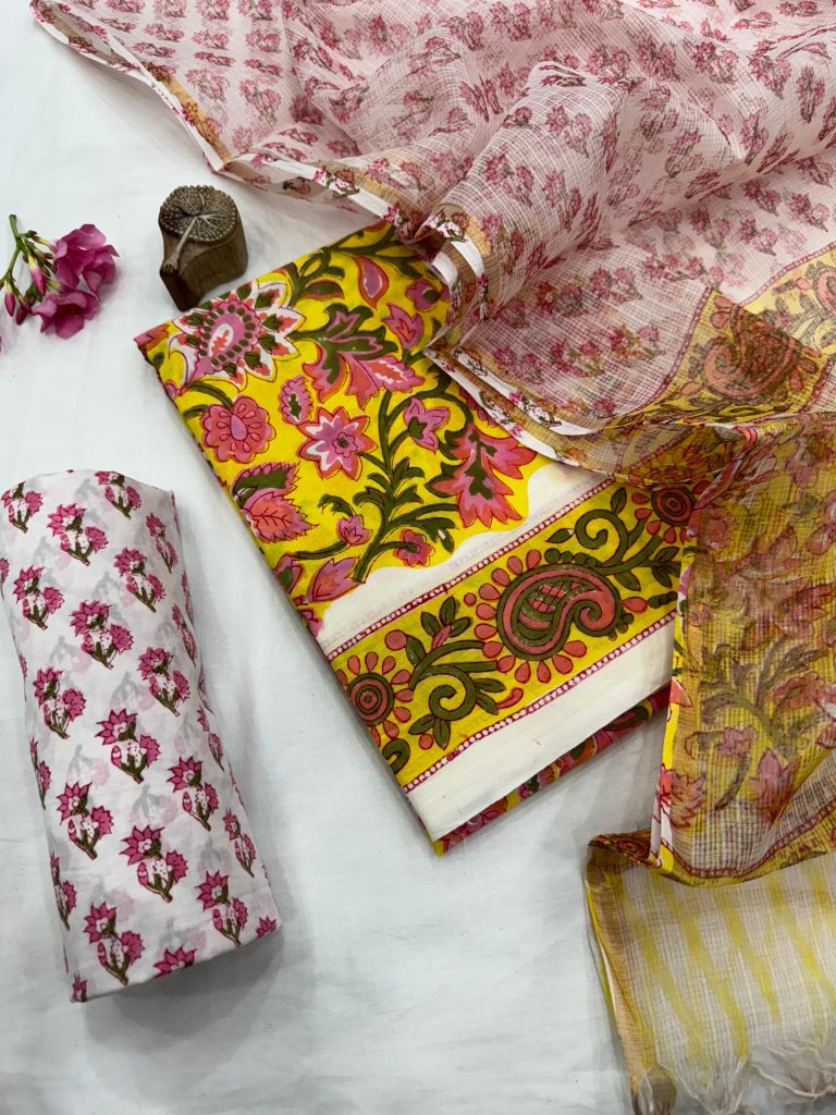 Sunny Yellow Floral Block Print Cotton Dress Material with Kota Doria Dupatta