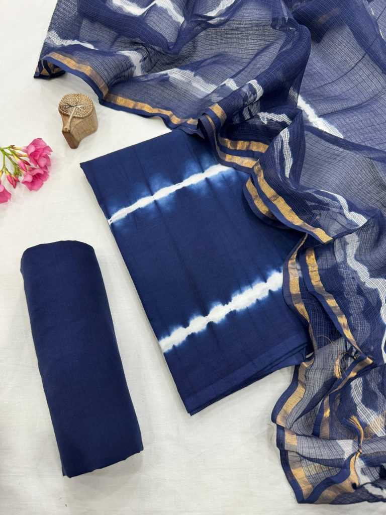 Traditional Indigo Shibori Cotton Dress Material with Ethereal Kota Doria Dupatta