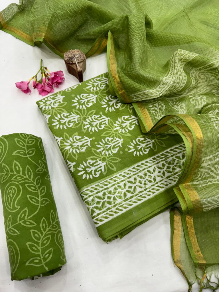Verdant Green Hand Block Printed Cotton Suit with Gossamer Kota Doria Dupatta
