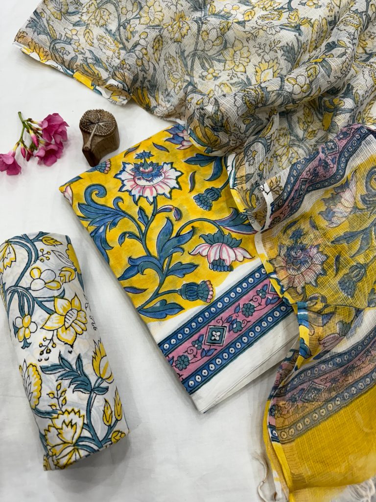 Vibrant Yellow and Blue Hand Printed Cotton Unstitched Suit with Kota Doria Dupatta