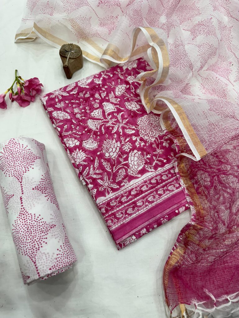 Fuchsia Fantasy Floral Printed Cotton Fabric with Kota Doria Dupatta