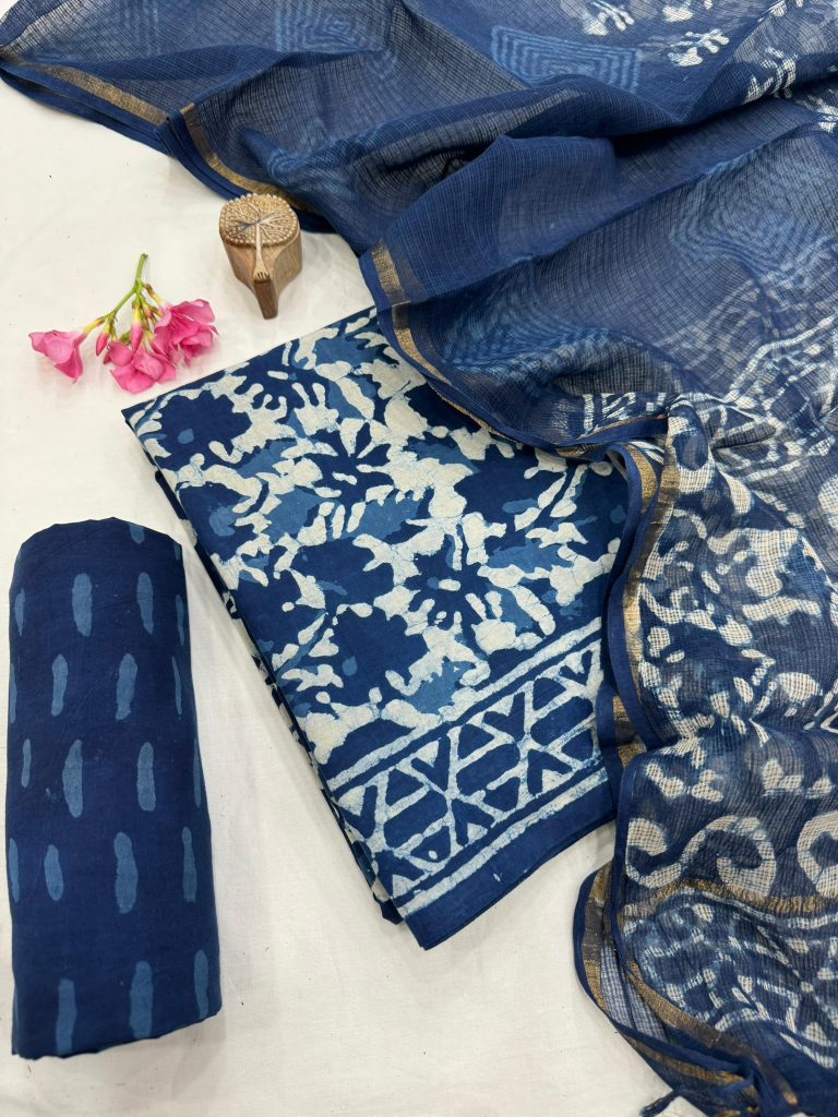 Indigo Essence Batik Print Cotton Suit with Matching Kota Doria Dupatta