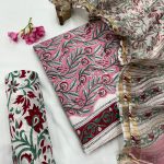 Pink Blossom and Olive Cotton Dress Material with Sheer Kota Doria Dupatta