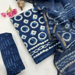 Deep Blue Serenity Cotton Dress Material with Translucent Kota Doria Dupatta