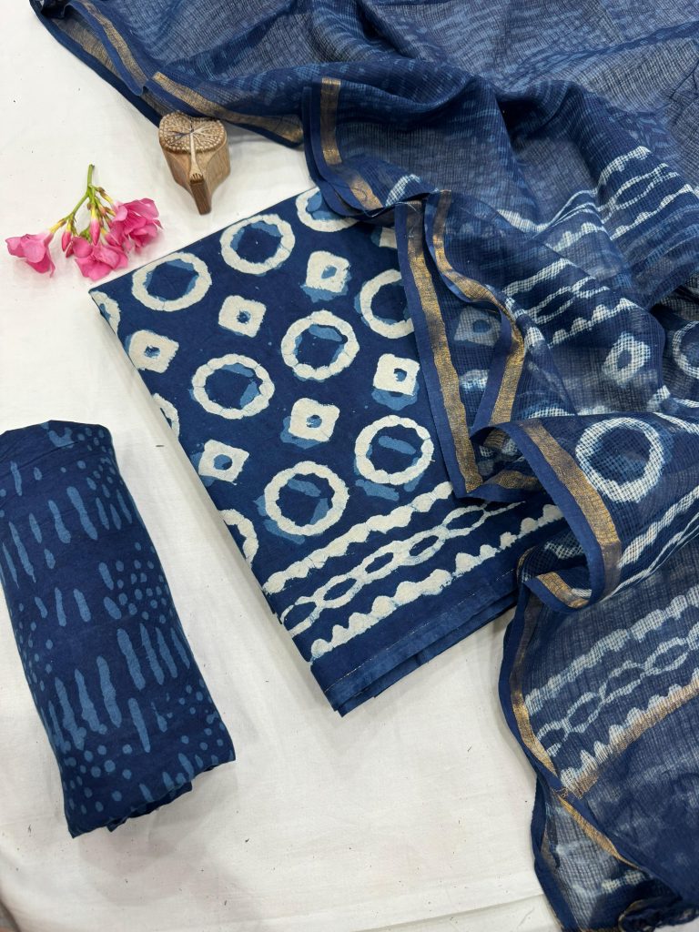 Deep Blue Serenity Cotton Dress Material with Translucent Kota Doria Dupatta