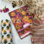 Lush Magenta Floral Print Cotton Dress Material with Kota Doria Dupatta