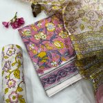 Magenta and Mustard Floral Cotton Dress Material with Kota Doria Dupatta