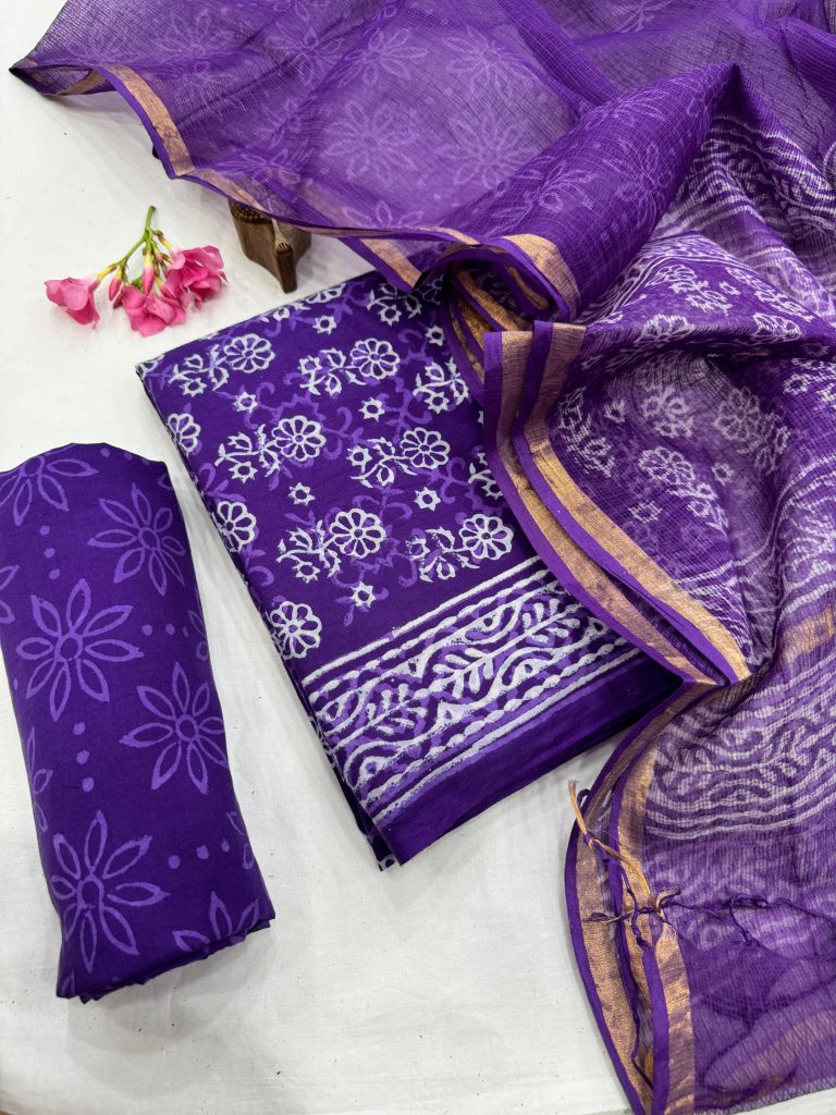 Radiant Purple Floral Hand Printed Cotton Suit with Kota Doria Dupatta