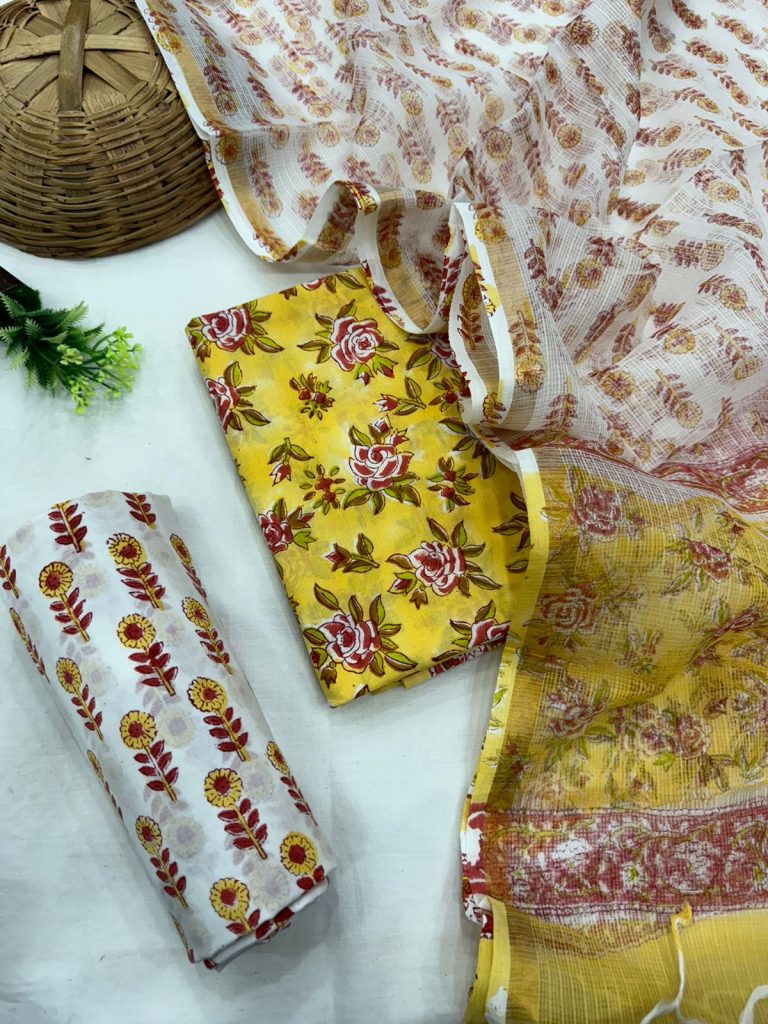 Sun-kissed Yellow Botanical Print Cotton Suit with Delicate Kota Doria Dupatta