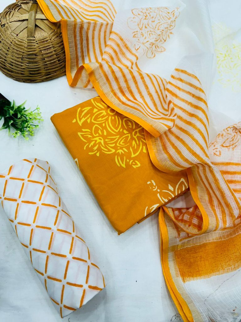 Tangerine Dream Shibori Cotton Dress Material with Kota Doria Dupatta