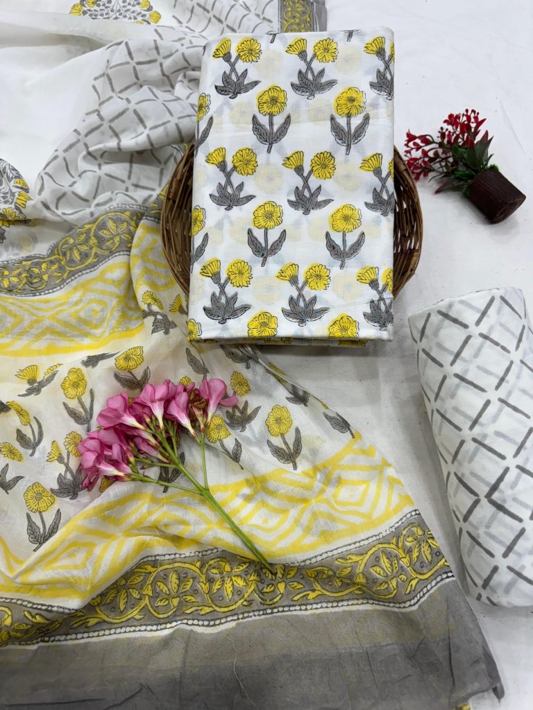 Chic Grey and Sunshine Yellow Cotton Suit - Summers Hand-Printed Marvel