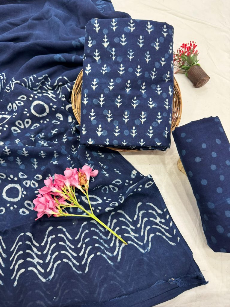 Navy Blue Hand-Printed Cotton Suit - Classic Summer Staple