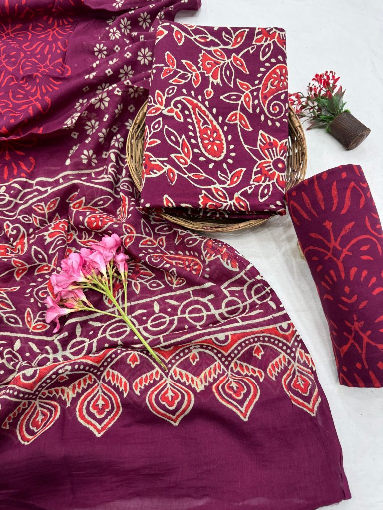 Burgundy Hand-Printed Cotton Suit - Exquisite Summer Tradition