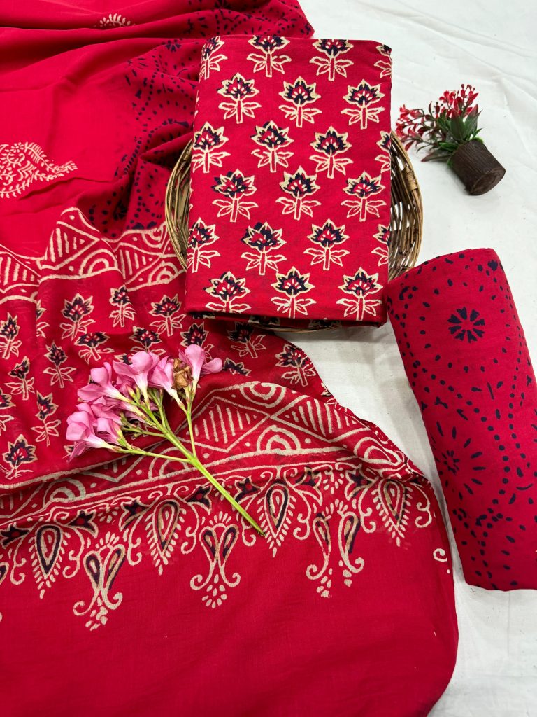 Vibrant Red Cotton Suit with Hand-Printed Elegance - Summer Collection