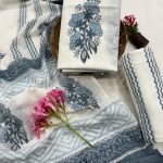 Serene White and Blue Cotton Suit – Hand-Printed Summer Grace