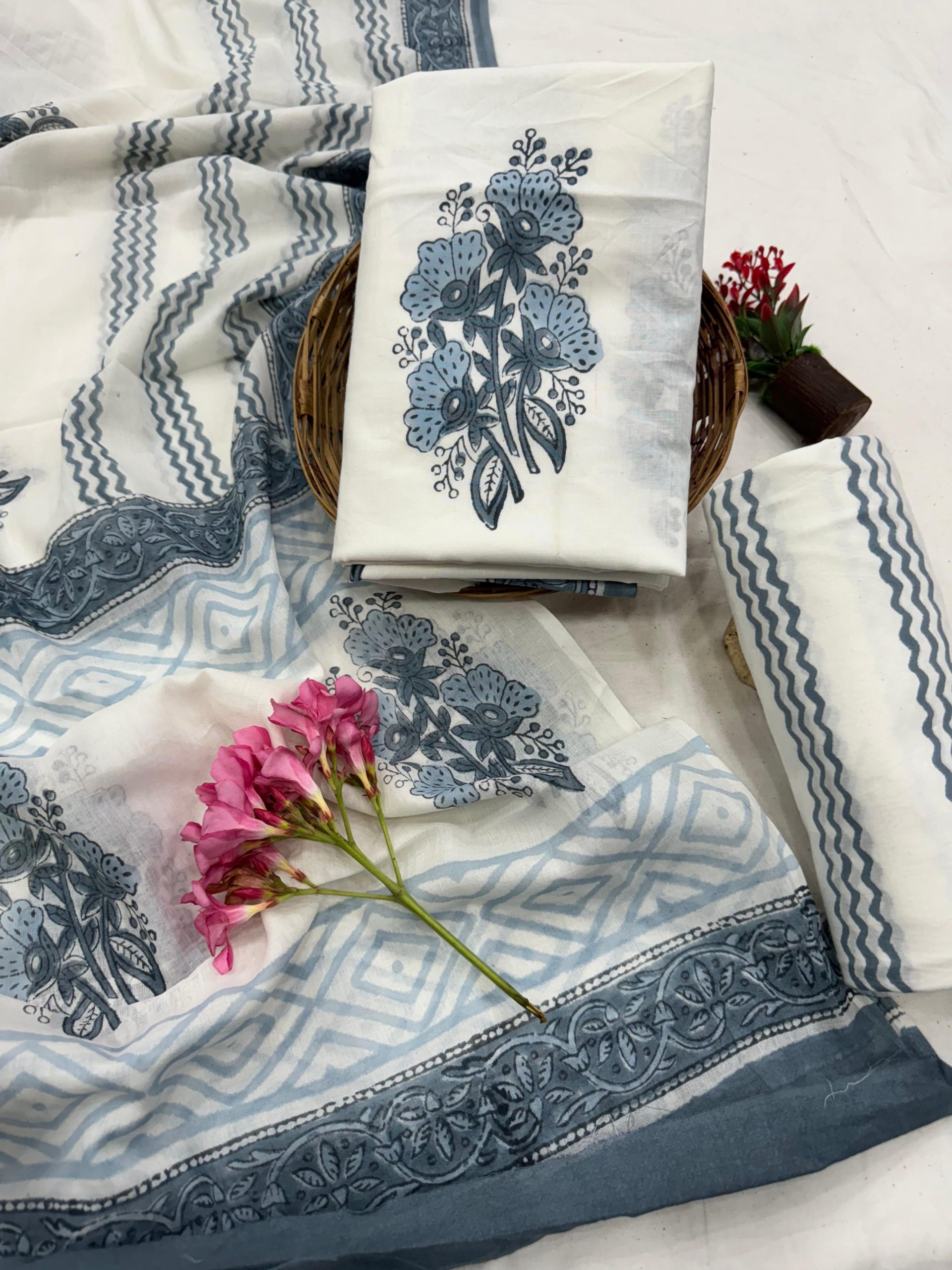 Serene White and Blue Cotton Suit – Hand-Printed Summer Grace