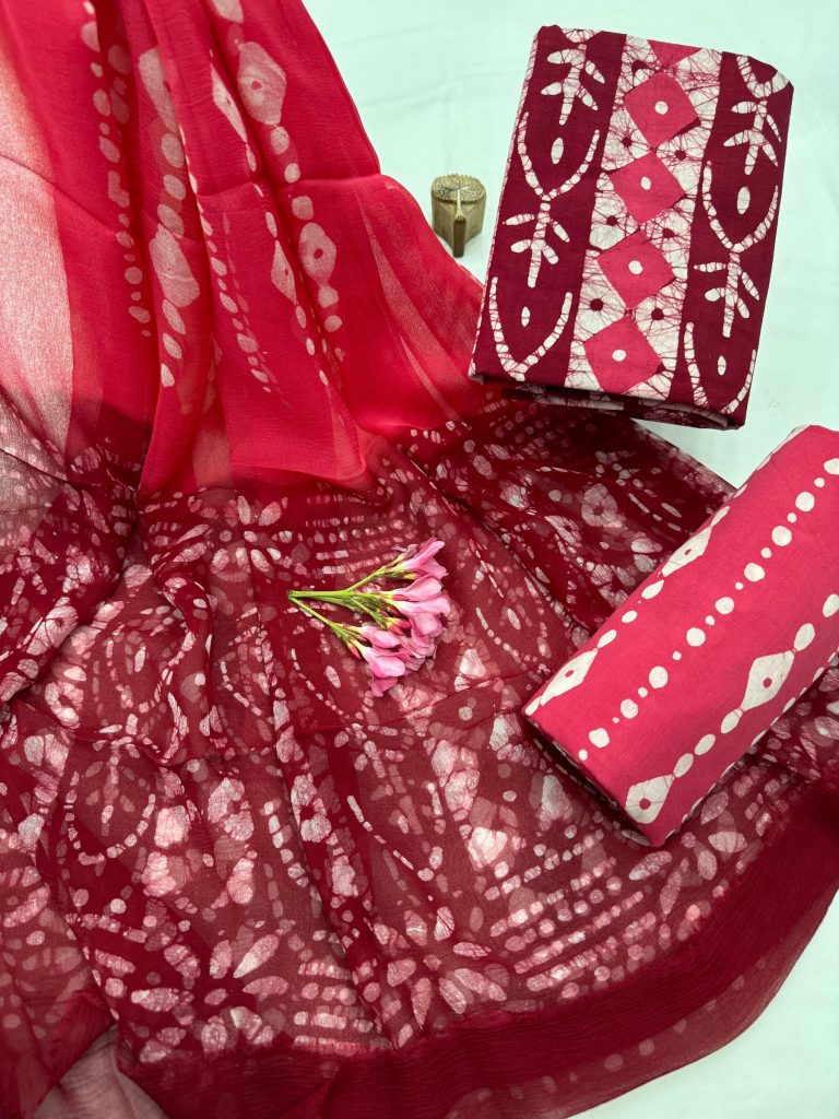 Crimson Tie-Dye Cotton Suit with Bold Print Chiffon Dupatta