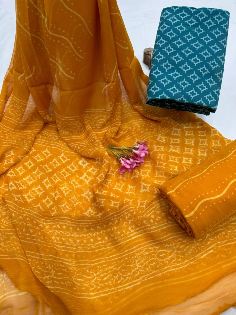 Goldenrod Cotton Suit with Teal Chiffon Dupatta & Hand Block Print