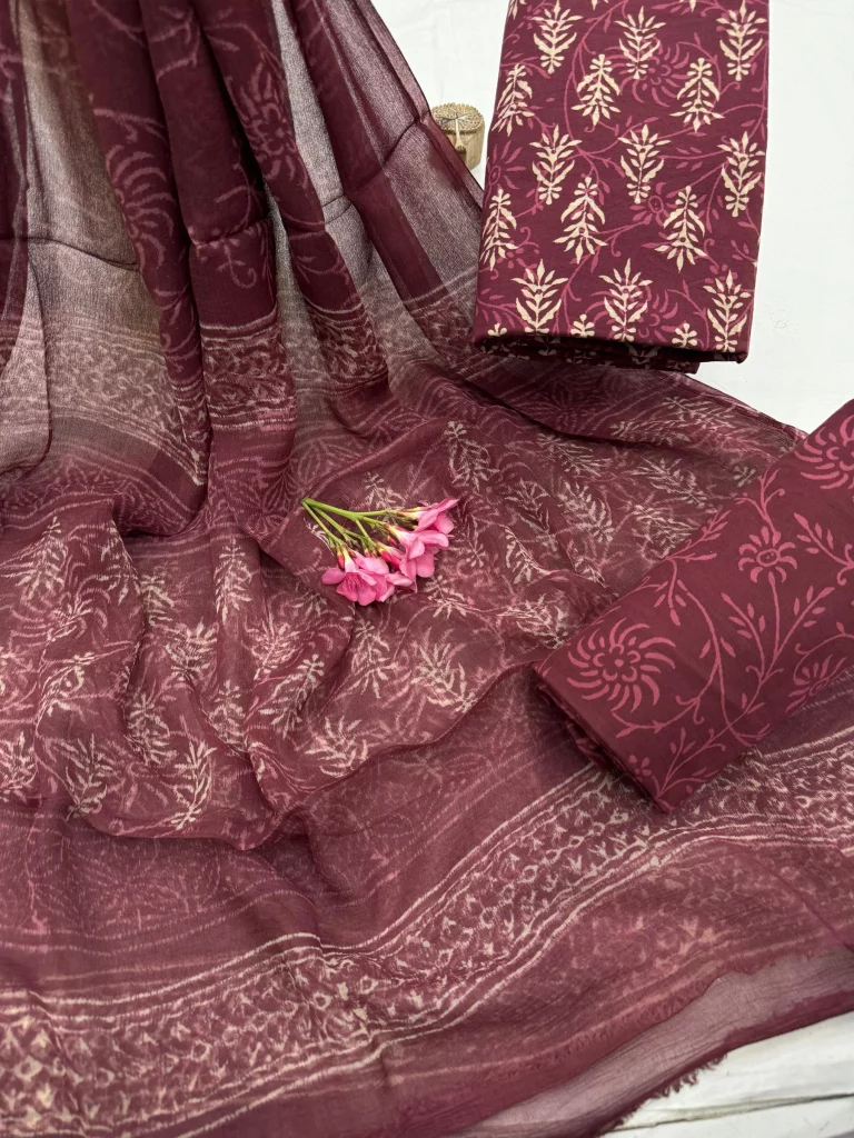 Maroon Cotton Suit with Traditional Hand Block Print and Chiffon Dupatta