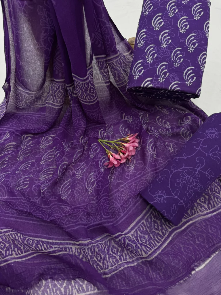 Purple Hand Block Printed Summer Cotton Suit with Chiffon Dupatta