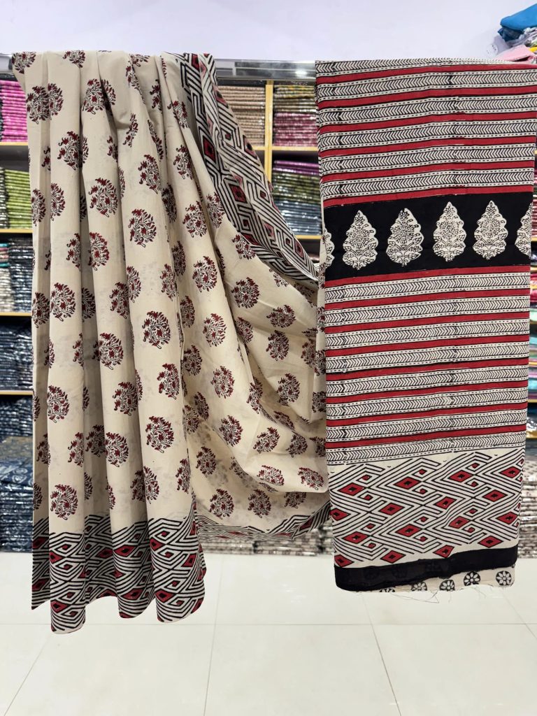 Beige Blossom Hand Block Print Saree with Blouse