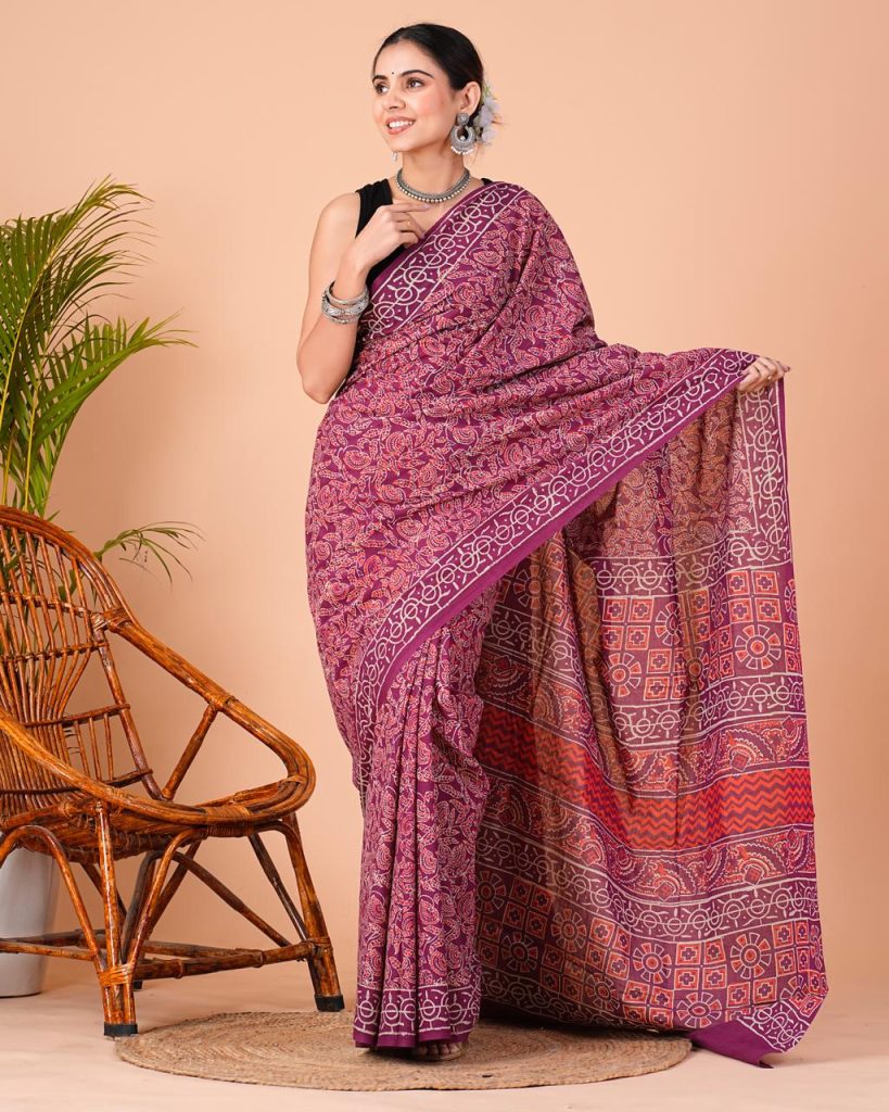 Burgundy Handcrafted Cotton Saree with Blouse