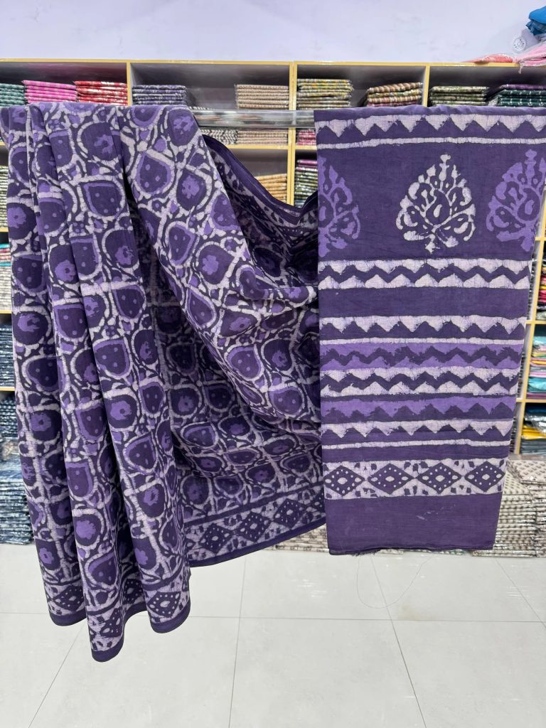 Lavender Elegance Block Printed Cotton Saree